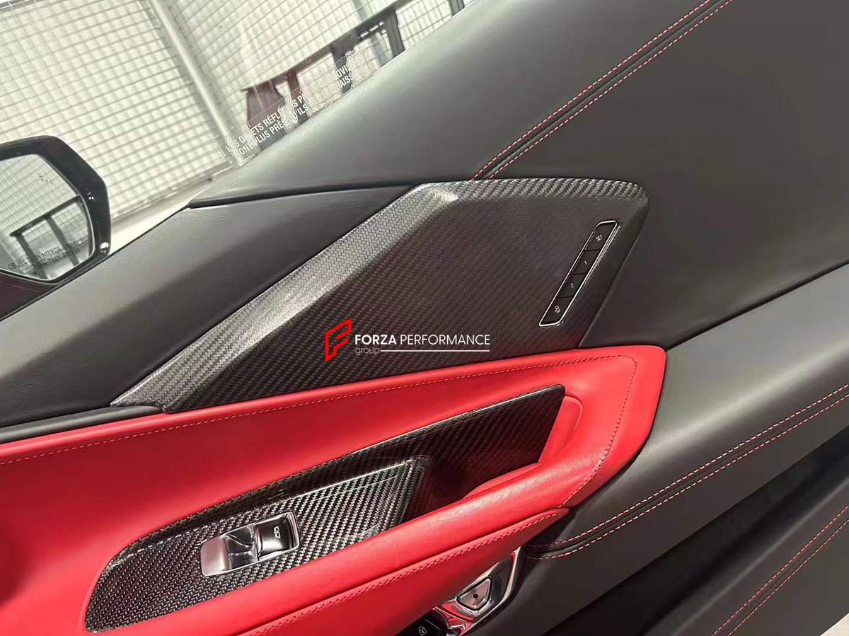 CARBON INTERIOR TRIM KIT for CHEVROLET CORVETTE C8 STINGRAY Z06 E RAY 2020+ Forza Performance Custom fit
Set includes:

Door Trim Panels
Door Window Switch Panels
Door Pull Handle Trims
Steering Wheel Trim
Center Console Trim
Rear Bulkhead Trim
Material: Carbon

NOTE: Professional installation is required.