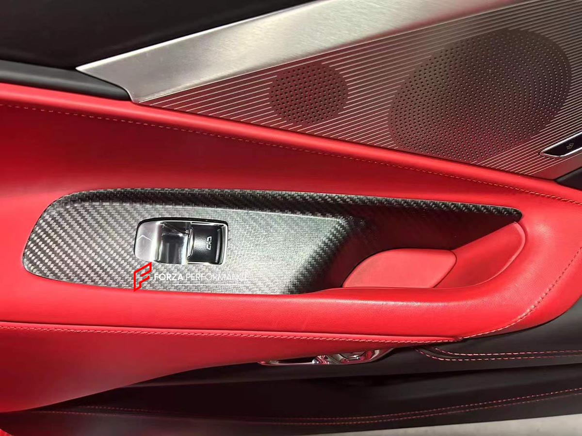 CARBON INTERIOR TRIM KIT for CHEVROLET CORVETTE C8 STINGRAY Z06 E RAY 2020+ Forza Performance Custom fit
Set includes:

Door Trim Panels
Door Window Switch Panels
Door Pull Handle Trims
Steering Wheel Trim
Center Console Trim
Rear Bulkhead Trim
Material: Carbon

NOTE: Professional installation is required.