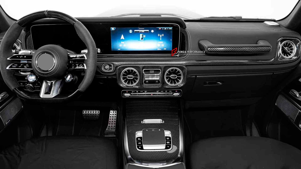 CARBON INTERIOR TRIM KIT for MERCEDES-BENZ G-CLASS G63 W465 2024+

Set includes:

Dashboard Trims
Center Console Trims

Material: Carbon Fiber

NOTE: Professional installation is required.