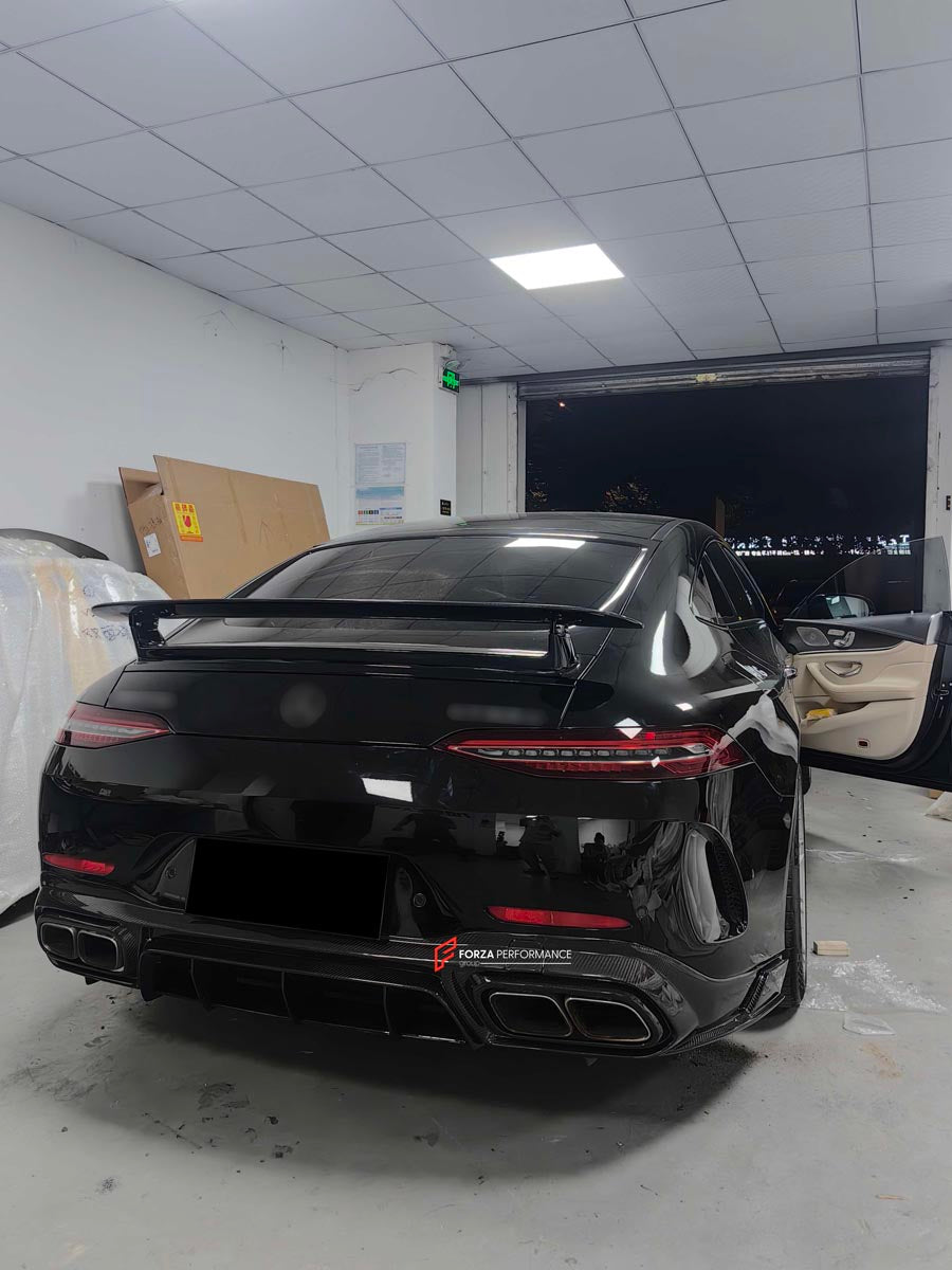 CARBON REAR BUMPER DIFFUSER and SPOILER for MERCEDES-BENZ AMG GT X290 2019+
Set includes:

Rear Bumper
Rear Diffuser
Rear Spoiler
Material: Forged Carbon

NOTE: Professional installation is required.