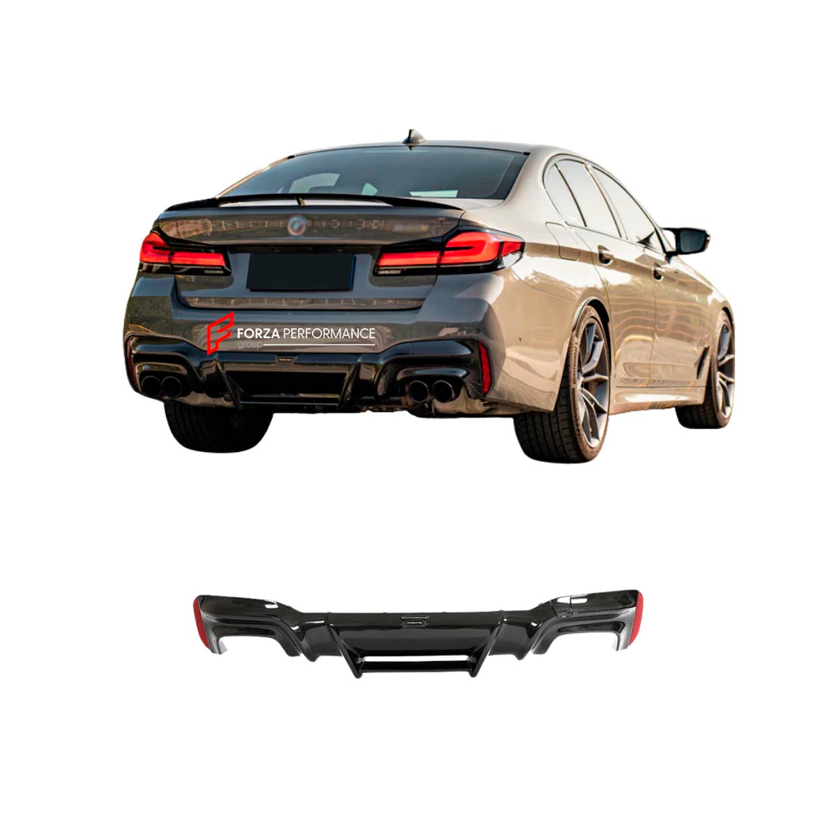 Carbon Rear Diffuser for BMW 5 SERIES G30 LCI 530i 530e 540i M550i xDrive 2018 - 2023
Set includes:

Rear Diffuser
Material: Carbon

NOTE: Professional installation is required.