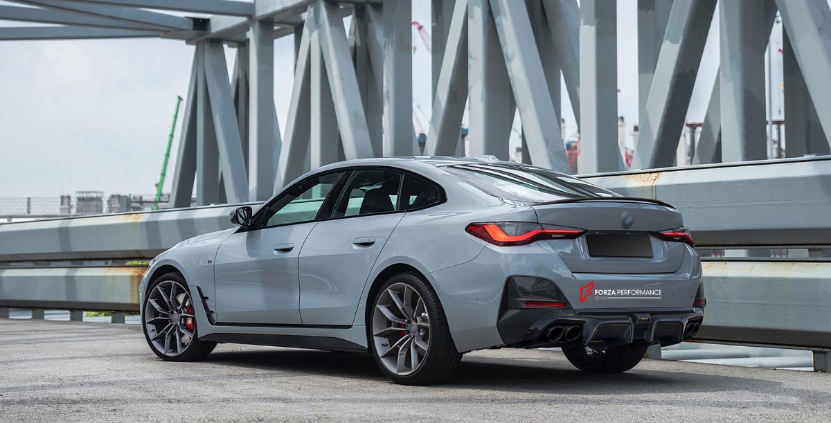 CARBON REAR DIFFUSER REAR SPOILER for BMW 4 SERIES G26 GRAN COUPE M440i 430i XDRIVE 2020 - 2024 FORZA PERFORMANCE Custom fit Dry Carbon Achen Cybe Achencybe Design Style
Set includes:

Rear Diffuser (split design or modular dual-exhaust design — your choice)
Rear Spoiler
Material: Carbon

NOTE: Professional installation is required.
