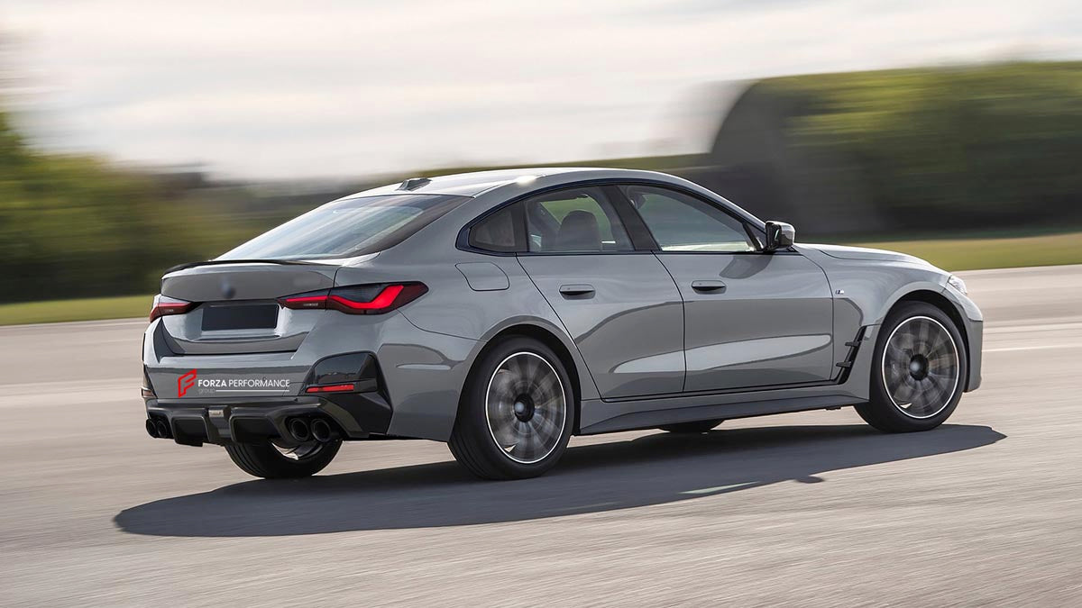 CARBON REAR DIFFUSER REAR SPOILER for BMW 4 SERIES G26 GRAN COUPE M440i 430i XDRIVE 2020 - 2024 FORZA PERFORMANCE Custom fit Dry Carbon Achen Cybe Achencybe Design Style
Set includes:

Rear Diffuser (split design or modular dual-exhaust design — your choice)
Rear Spoiler
Material: Carbon

NOTE: Professional installation is required.