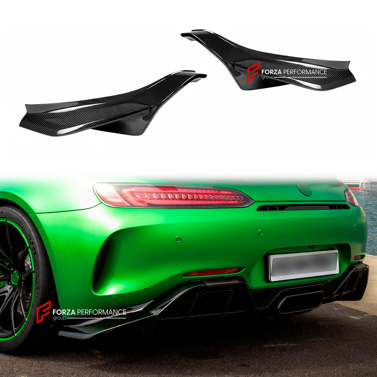 CARBON Rear Diffuser Splitters for Mercedes Benz AMG GTR 2018 - 2021
Set includes:

Rear Diffuser Splitters
Material: Carbon

NOTE: Professional installation is required.
