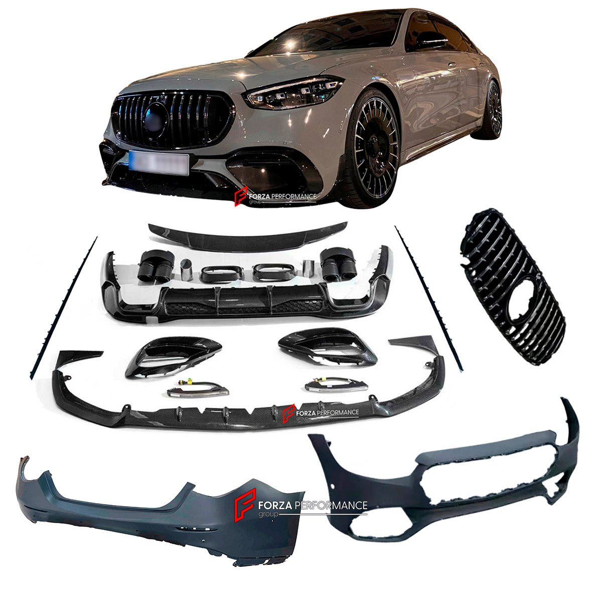 CONVERSION UPGRADE FACELIFT OLD TO NEW BODY KIT for Mercedes Benz S CLASS W223 2021 - 2026 to S63 W223 2023 - 2026
Set includes:

Front Lip
Front Bumper
Front Grille
Front Bumper Vents
Led Light Covers / Front Fascia Attachments
Side Skirts
Rear Bumper
Rear Diffuser
Trunk Spoiler
Exhaust Tips
Material: Dry Carbon

NOTE: Professional installation is required.