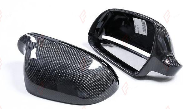 CARBON SIDE MIRROR COVERS for AUDI A4 S4 RS4 B8 2008 - 2012
Set includes:

Side Mirror Covers (with or without assist-sensor cutout - your choice)
Material: Carbon

NOTE: Available with or without the driver-assist sensor cutout - specify your version when ordering. Professional installation is required.