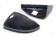 CARBON SIDE MIRROR COVERS for AUDI R8 4S 2016 - 2023
Set includes:

Side Mirror Covers (with or without assist-sensor cutout - your choice)
Material: Carbon

NOTE: Available with or without the driver-assist sensor cutout - specify your version when ordering. Professional installation is required.