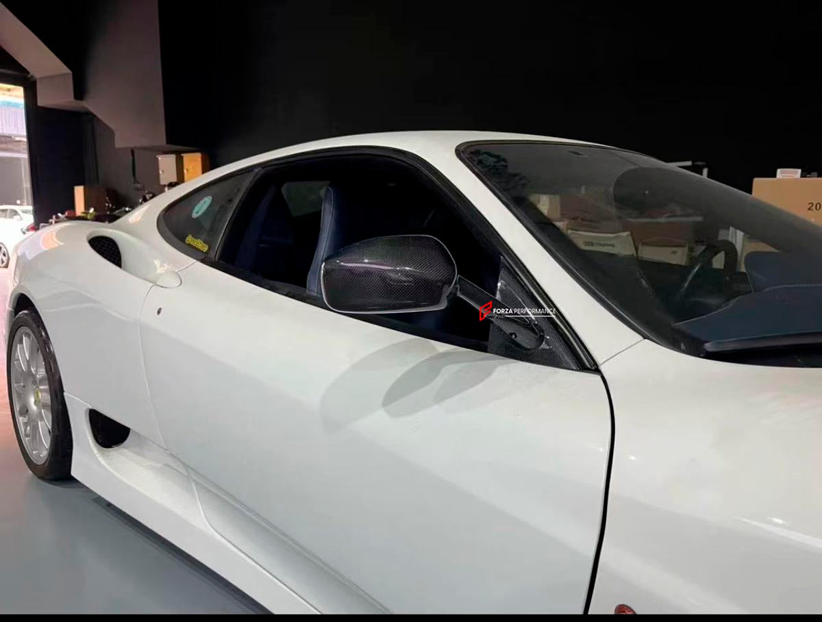 CARBON SIDE MIRRORS CHALLENGE STRADALE STYLE for FERRARI 360 MODENA SPIDER 1999 - 2005
Set includes:

Side Mirrors (Pair)
Material: Carbon

NOTE: Professional installation is required.