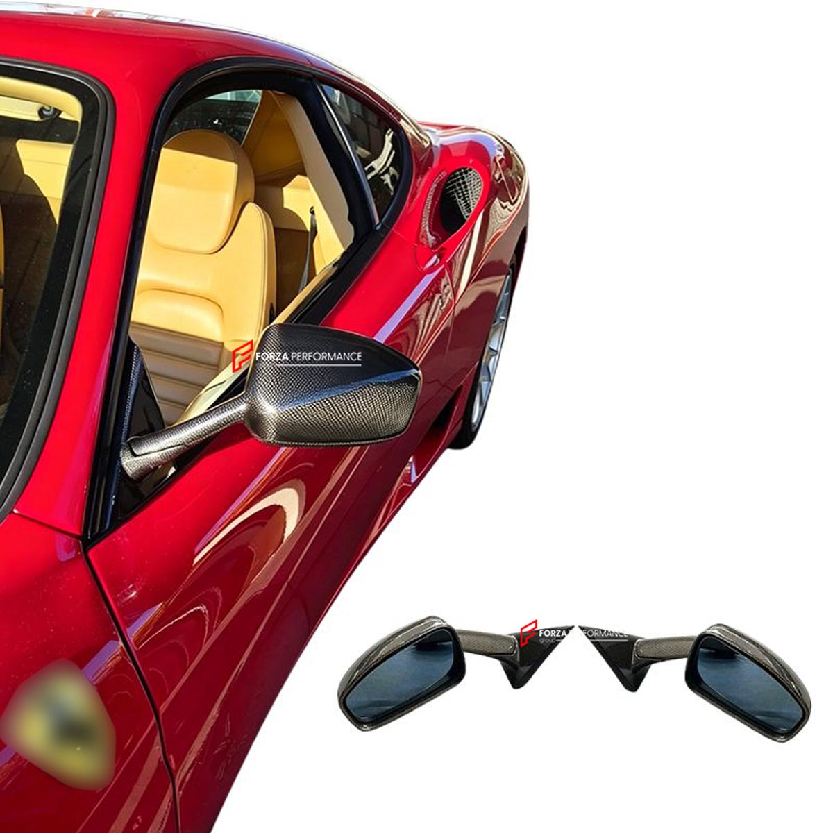 CARBON SIDE MIRRORS CHALLENGE STRADALE STYLE for FERRARI 360 MODENA SPIDER 1999 - 2005
Set includes:

Side Mirrors (Pair)
Material: Carbon

NOTE: Professional installation is required.
