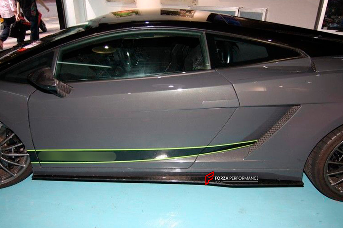 CARBON SIDE SKIRT for Lamborghini Gallardo 2003 - 2013
Set includes:

Side Skirts
Material: Carbon

NOTE: Professional installation is required.