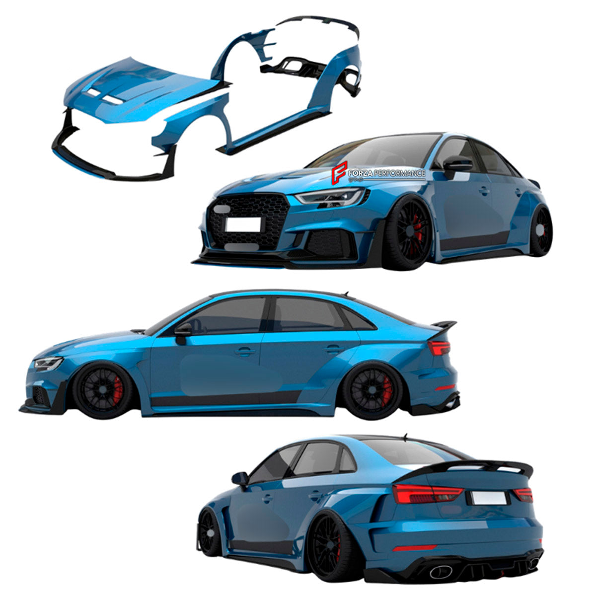 CARBON WIDE BODY KIT for AUDI RS3 2022+

Set Includes:

Front Lip
Front Bumper
Hood Bonnet
Fenders
Side Skirts
Rear Spoiler
Rear Diffuser
Material: Carbon

Note: Professional installation is required.