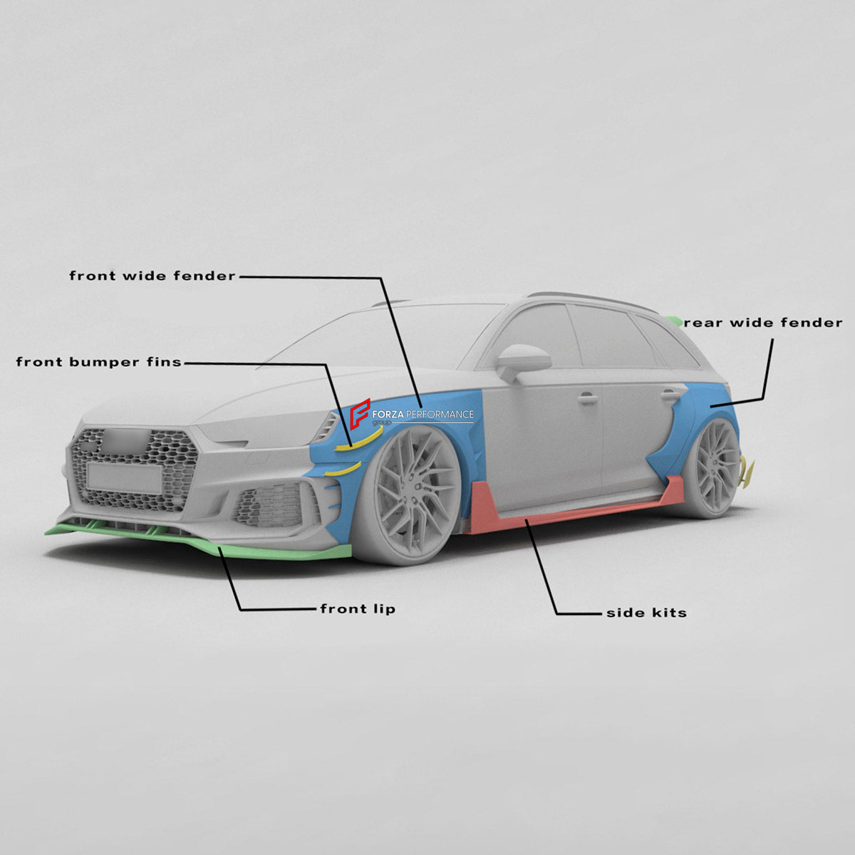 CARBON WIDE BODY KIT for AUDI RS4 B9 2018+

Set Includes:

Front Lip
Front Bumper Canards
Fenders
Side Skirts
Roof Spoiler
Rear Spoiler
Rear Diffuser
Material: Carbon

Note: Professional installation is required.