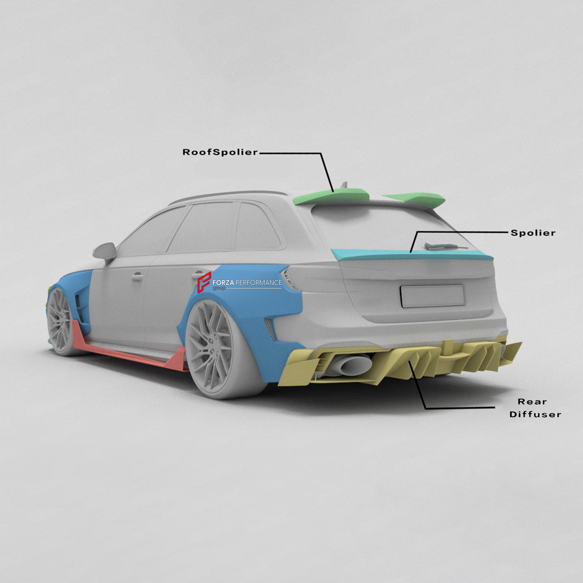 CARBON WIDE BODY KIT for AUDI RS4 B9 2018+

Set Includes:

Front Lip
Front Bumper Canards
Fenders
Side Skirts
Roof Spoiler
Rear Spoiler
Rear Diffuser
Material: Carbon

Note: Professional installation is required.
