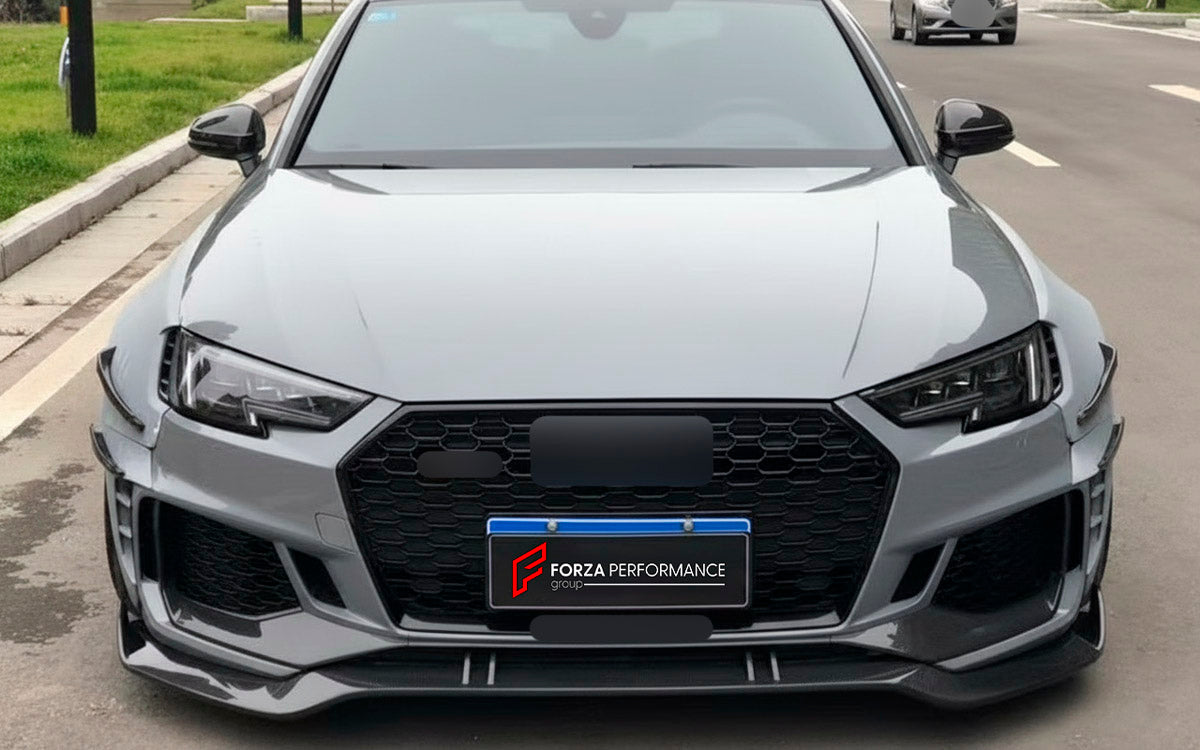 CARBON WIDE BODY KIT for AUDI RS4 B9 2018+

Set Includes:

Front Lip
Front Bumper Canards
Fenders
Side Skirts
Roof Spoiler
Rear Spoiler
Rear Diffuser
Material: Carbon

Note: Professional installation is required.