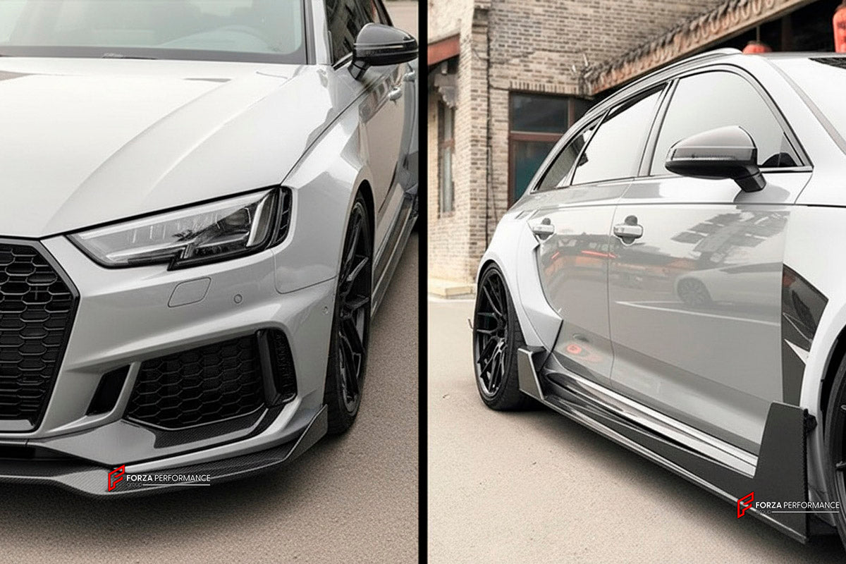CARBON WIDE BODY KIT for AUDI RS4 B9 2018+

Set Includes:

Front Lip
Front Bumper Canards
Fenders
Side Skirts
Roof Spoiler
Rear Spoiler
Rear Diffuser
Material: Carbon

Note: Professional installation is required.