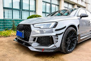 CARBON WIDE BODY KIT for AUDI RS4 B9 2018+

Set Includes:

Front Lip
Front Bumper Canards
Fenders
Side Skirts
Roof Spoiler
Rear Spoiler
Rear Diffuser
Material: Carbon

Note: Professional installation is required.