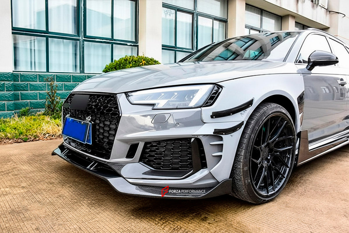 CARBON WIDE BODY KIT for AUDI RS4 B9 2018+

Set Includes:

Front Lip
Front Bumper Canards
Fenders
Side Skirts
Roof Spoiler
Rear Spoiler
Rear Diffuser
Material: Carbon

Note: Professional installation is required.