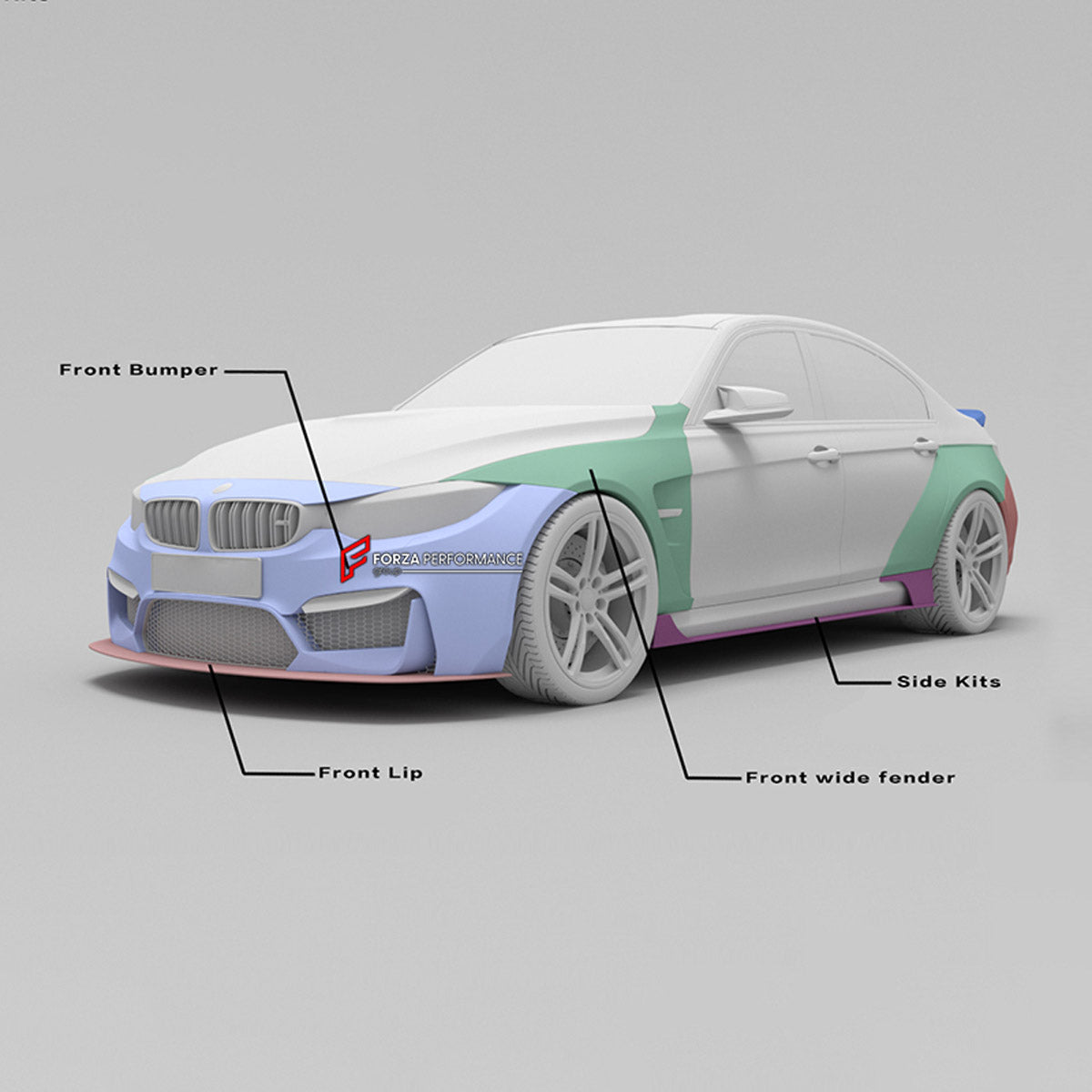 CARBON WIDE BODY KIT for BMW 3 SERIES F30 2012 - 2019

Set Includes:

Front Lip
Front Bumper
Fenders
Side Skirts
Rear Spoiler
Rear Bumper
Material: Carbon

Note: Professional installation is required.
