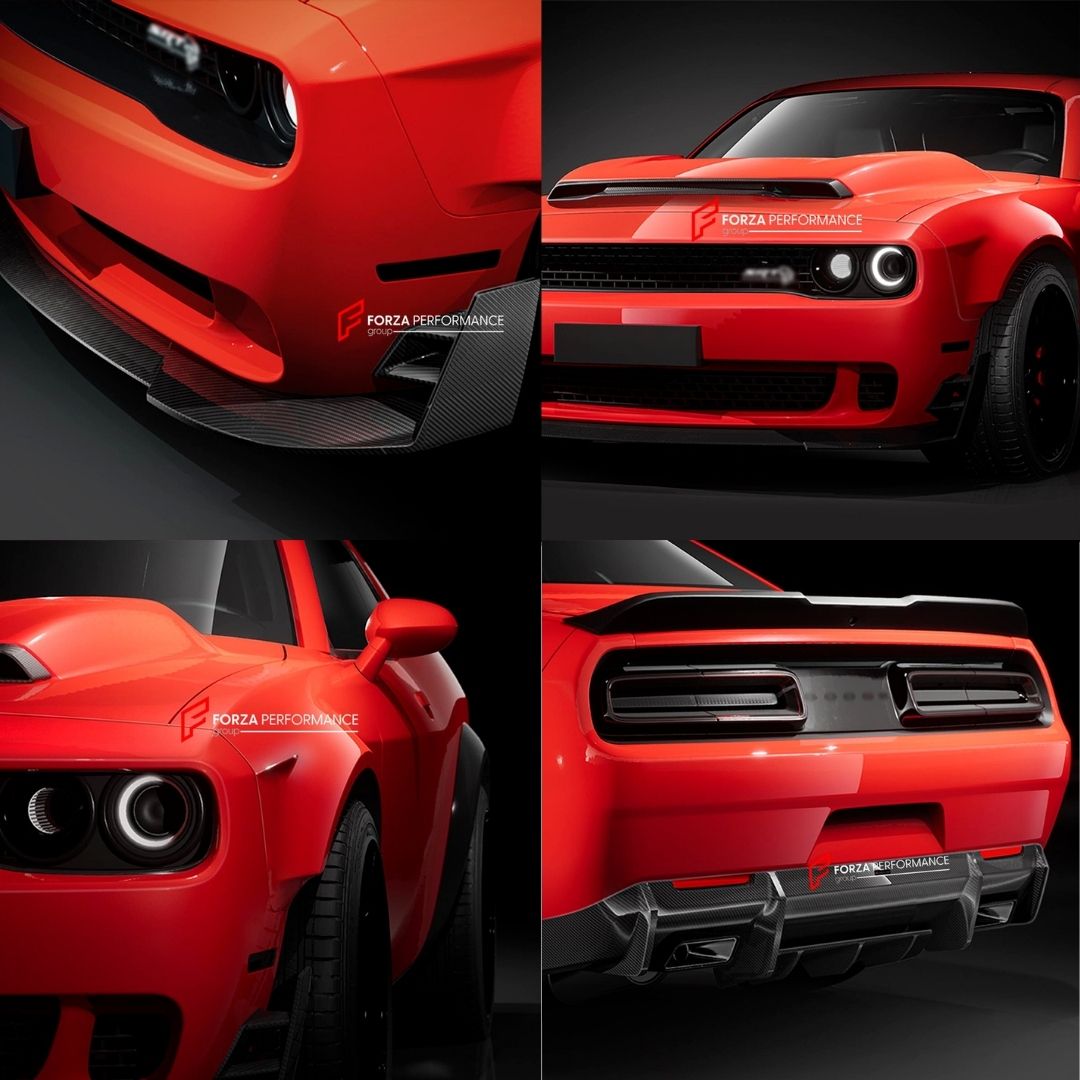 CARBON WIDE BODY KIT for DODGE CHALLENGER III LC 2015 - 2023 FORZA PERFORMANCE Custom fit Dry Carbon Achen Cybe Achencybe Design Style
Set includes:

Front Lip
Hood Bonnet
Fender Flares and Wide Body Assembly
Rear Diffuser
Material: Carbon + Aluminium + Iron

NOTE: Professional installation is required.