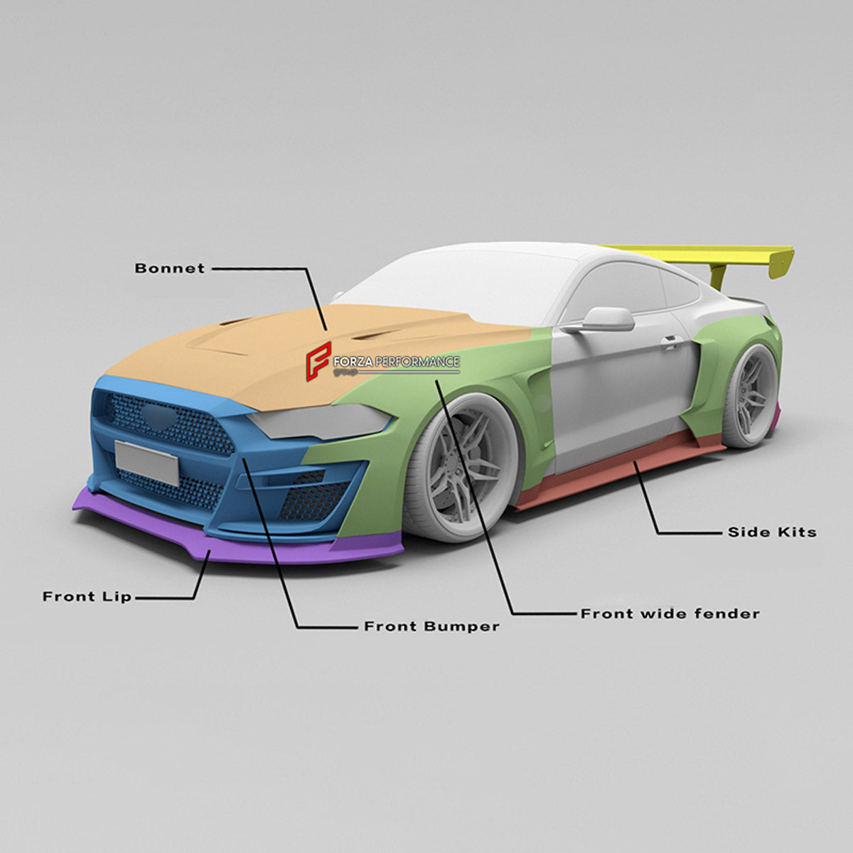 CARBON WIDE BODY KIT for FORD MUSTANG SHELBY GT500 III 2020 - 2023

Set Include:

Front Lip
Front Bumper
Hood Bonnet
Fenders
Side Skirts
GT Wing Spoiler
Rear Diffuser
Material: Carbon

Note: Professional installation is required.