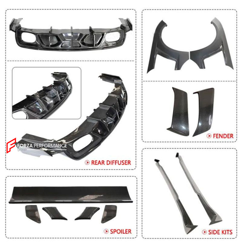 CARBON WIDE BODY KIT for FORD MUSTANG SHELBY GT500 III 2020 - 2023

Set Include:

Front Lip
Front Bumper
Hood Bonnet
Fenders
Side Skirts
GT Wing Spoiler
Rear Diffuser
Material: Carbon

Note: Professional installation is required.