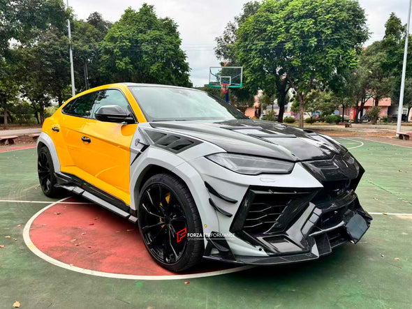 CARBON WIDE BODY KIT for LAMBORGHINI URUS 2018+

Set includes:

Front Lip
Front Bumper Assembly
Front Fenders
Fender Flares
Hood / Bonnet
Side Mirrors Cover
Side Skirts
Roof Spoiler
Rear Spoiler
Rear Bumper Assembly
Rear Diffuser
Exhaust Tips

Material: Fiberglass and dry carbon fiber.