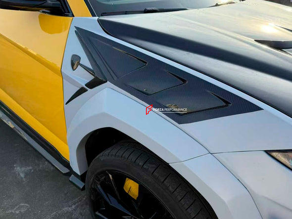 CARBON WIDE BODY KIT for LAMBORGHINI URUS 2018+

Set includes:

Front Lip
Front Bumper Assembly
Front Fenders
Fender Flares
Hood / Bonnet
Side Mirrors Cover
Side Skirts
Roof Spoiler
Rear Spoiler
Rear Bumper Assembly
Rear Diffuser
Exhaust Tips

Material: Fiberglass and dry carbon fiber.