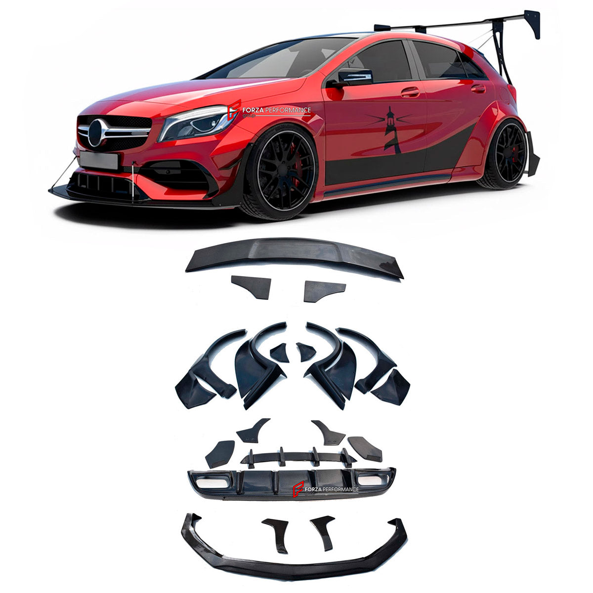 CARBON WIDE BODY KIT for MERCEDES BENZ A45 AMG W177 2019 - 2022

Set Include:

Front Lip
Fenders
GT Wing Spoiler
Rear Diffuser
Material: Carbon

Note: Professional installation is required.