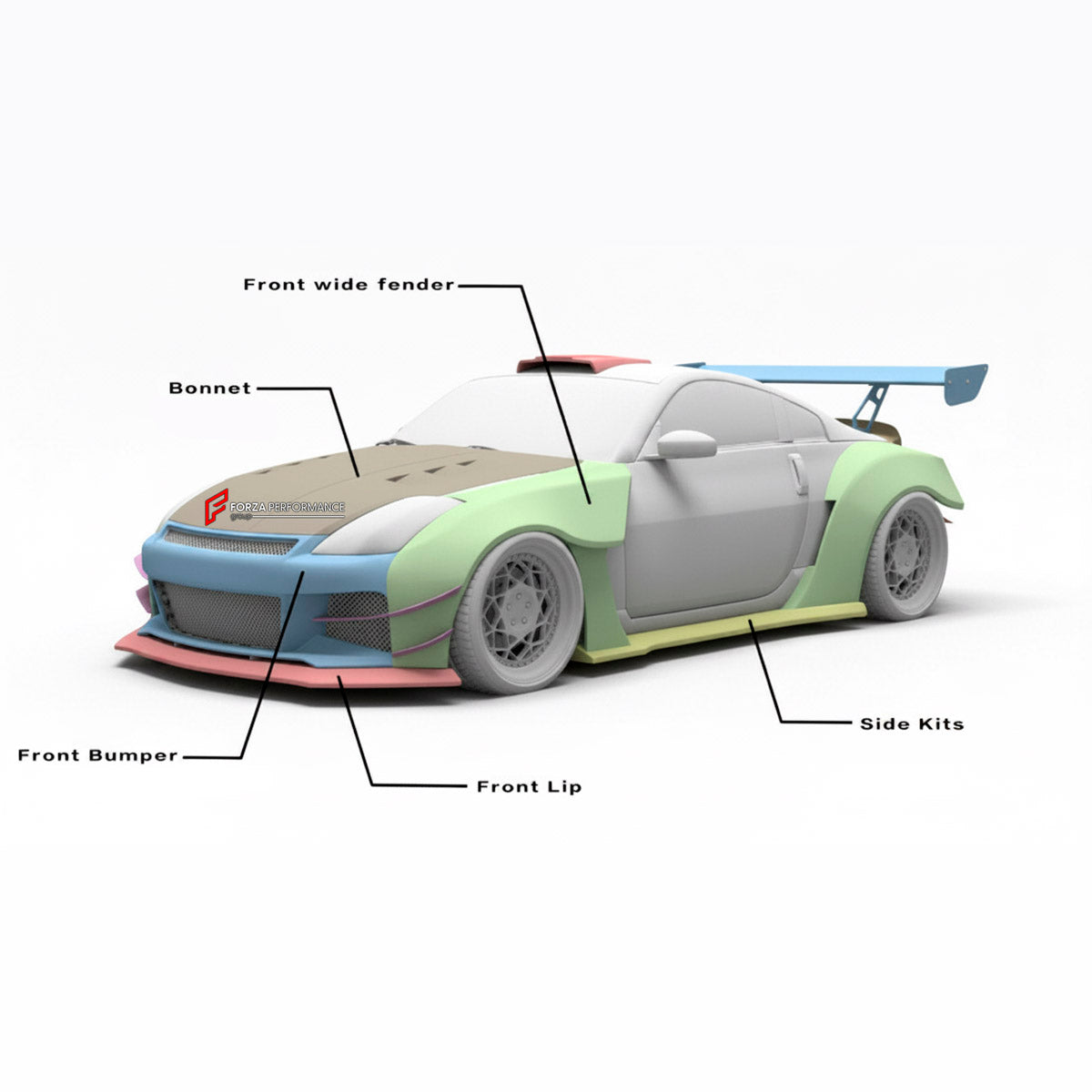CARBON WIDE BODY KIT for NISSAN 350Z 2002 - 2009

Set Include:

Front Lip
Front Bumper
Hood Bonnet
Fenders
Side Skirts
GT Wing Spoiler
Ducktail Spoiler
Rear Bumper
Rear Diffuser
Material: Carbon

Note: Professional installation is required.
