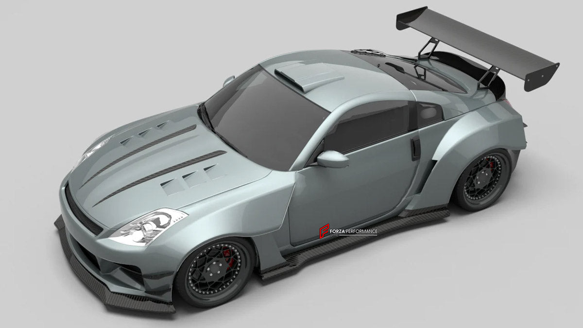 CARBON WIDE BODY KIT for NISSAN 350Z 2002 - 2009

Set Include:

Front Lip
Front Bumper
Hood Bonnet
Fenders
Side Skirts
GT Wing Spoiler
Ducktail Spoiler
Rear Bumper
Rear Diffuser
Material: Carbon

Note: Professional installation is required.