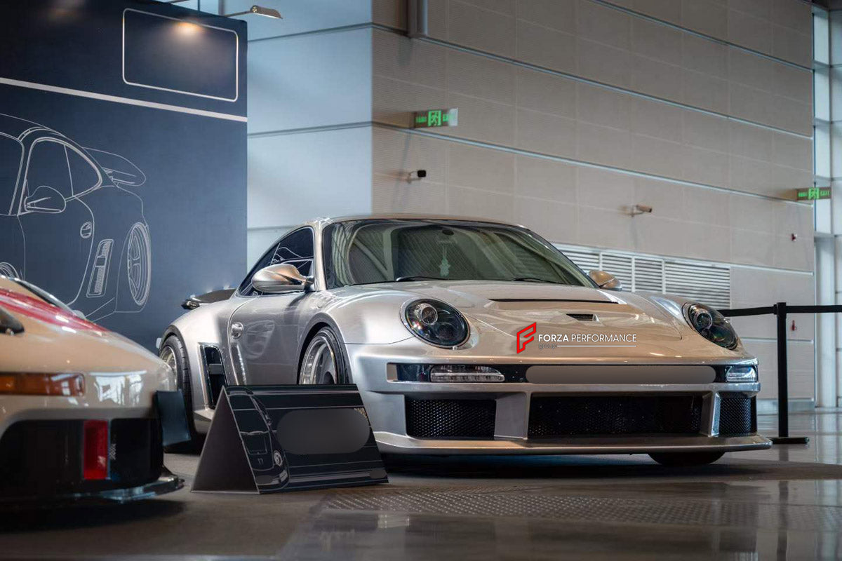 CARBON WIDE BODY KIT for PORSCHE 911 997 CARRERA 2004 - 2013 FORZA PERFORMANCE custom fit Robot Tiganism Gustav Style
Set includes:

Front Lip
Front Bumper
Hood Bonnet
Fender Flares
Side Skirts
Rear Spoiler Wing
Rear Bumper
Rear Diffuser

Material: Carbon

NOTE: Professional installation is required.