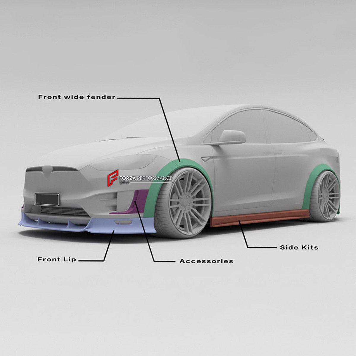 CARBON WIDE BODY KIT for TESLA MODEL X 2016+

Set Include:

Front Lip
Front Bumper Air Vent Trim
Fenders
Side Skirts
Rear Diffuser
Material: Carbon

Note: Professional installation is required.