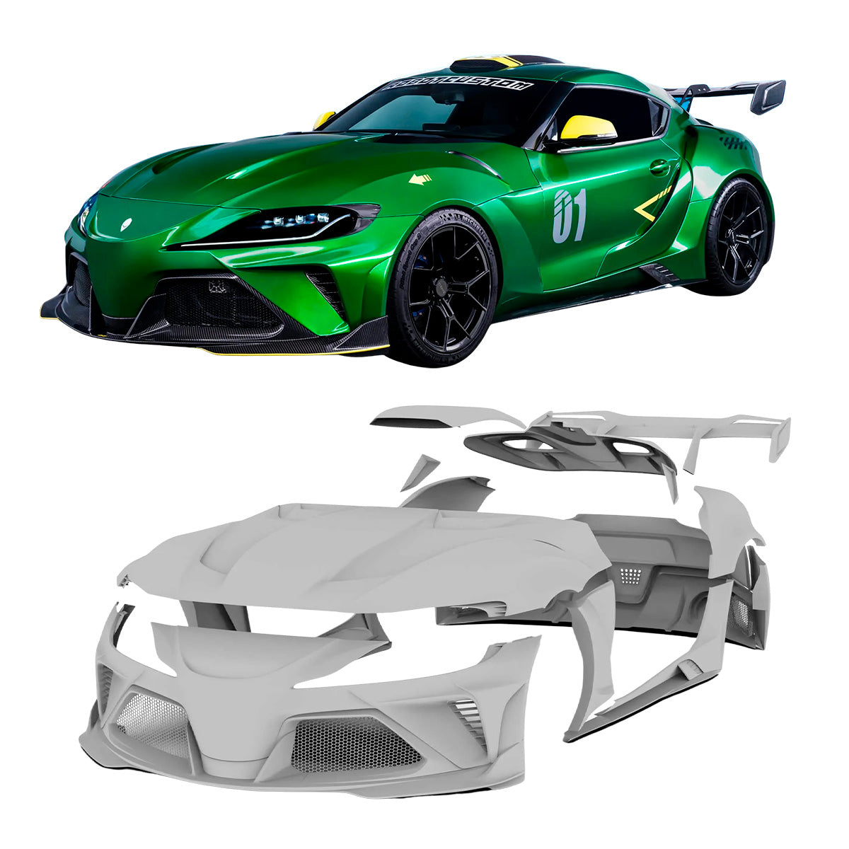 CARBON WIDE BODY KIT for TOYOTA GR SUPRA A90 2019+

Set includes:

Front Lip
Front Bumer Assembly
Hood / Bonnet
Front Fenders
Side Skirts
Rear Fenders
Roof Air Scoop
Rear Window Cover

Rear Wing Spoiler
Rear Bumper
Rear Diffuser

Material: Wet Carbon with Fiberglass

Note: Professional installation is required.

Recommended Wheels size:

Front:&nbsp;19 x 9.5 ET -33 Tire size: 275-35-19

Rear:&nbsp;19 x 11 ET -15 Tire size: 295-30-19

Contact us for pricing.

Why “Contact Us for Pricing”?

We don’t display f