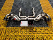 Aggressive sporty sound exhaust x pipe catback system for Chevrolet Corvette C8 2020+ (Engine: 6.2L)  Exhaust brand: Forza Performance Group   Set include:  Catback X pipe without muffler Exhaust tips (You can choose: blue burned, chrome and carbon) Material: Stainless steel   Production time: 15 working days  More options available for additional EXTRA cost (not included in this listing price. Please contact for pricing):   Can make that catback in titanium material