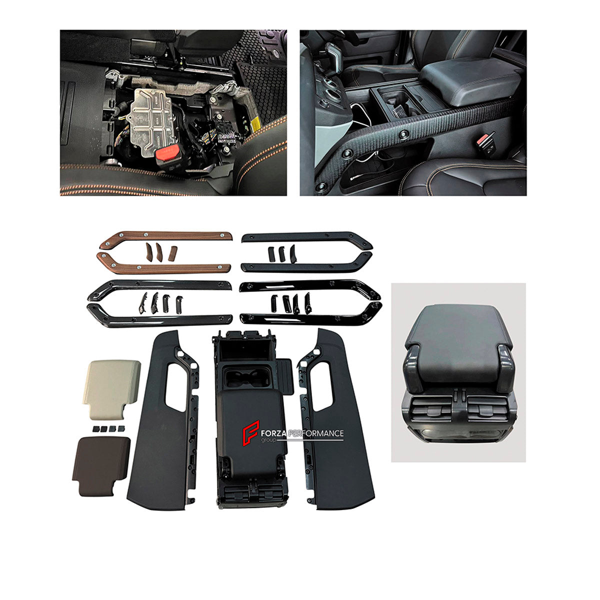 CENTER CONSOLE BOX WITH AIR CONDITION SYSTEM for Land Rover Defender 90 110 2021+
Set includes:

Center Console Box
Air Condition System
Material: Plastic

NOTE: Professional installation is required.