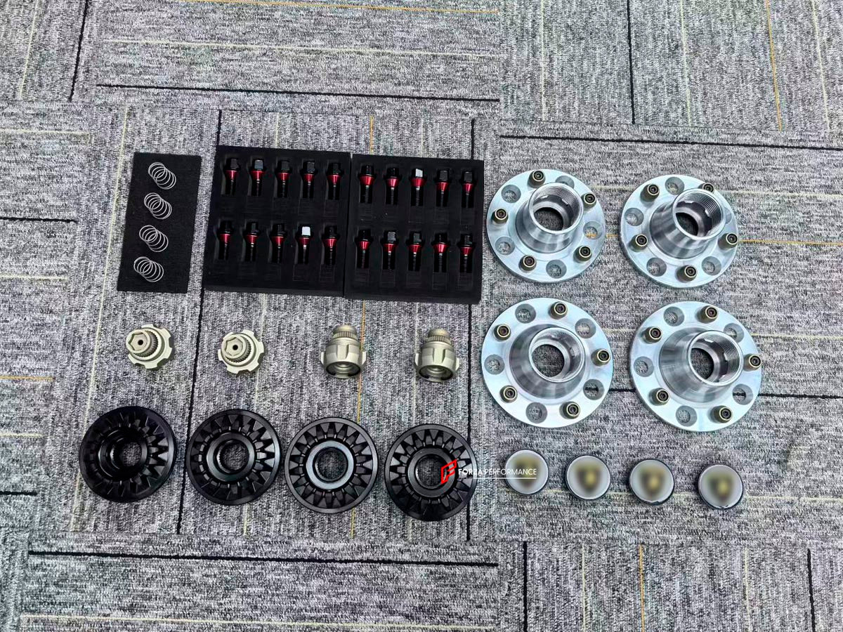 Lamborghini Huracan centerlock conversion kit, central lock conversion kit, center lock retrofit kit, centerlock adapter kit, wheel hub adapter package, STO SVJ style center lock, fits LP580-2 LP610-4 EVO Performante Tecnica, 5x112 57.1 mm front 66.5 mm rear, forged 7075-T6 aluminium