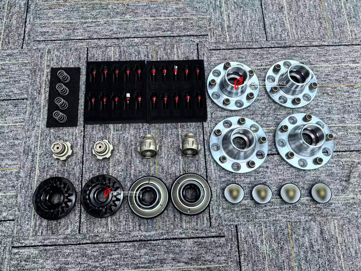 Lamborghini Huracan centerlock conversion kit, central lock conversion kit, center lock retrofit kit, centerlock adapter kit, wheel hub adapter package, STO SVJ style center lock, fits LP580-2 LP610-4 EVO Performante Tecnica, 5x112 57.1 mm front 66.5 mm rear, forged 7075-T6 aluminium