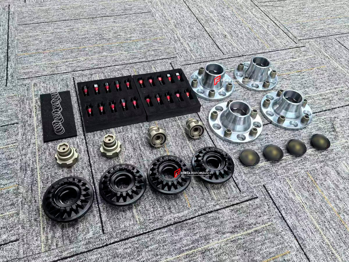 Lamborghini Huracan centerlock conversion kit, central lock conversion kit, center lock retrofit kit, centerlock adapter kit, wheel hub adapter package, STO SVJ style center lock, fits LP580-2 LP610-4 EVO Performante Tecnica, 5x112 57.1 mm front 66.5 mm rear, forged 7075-T6 aluminium