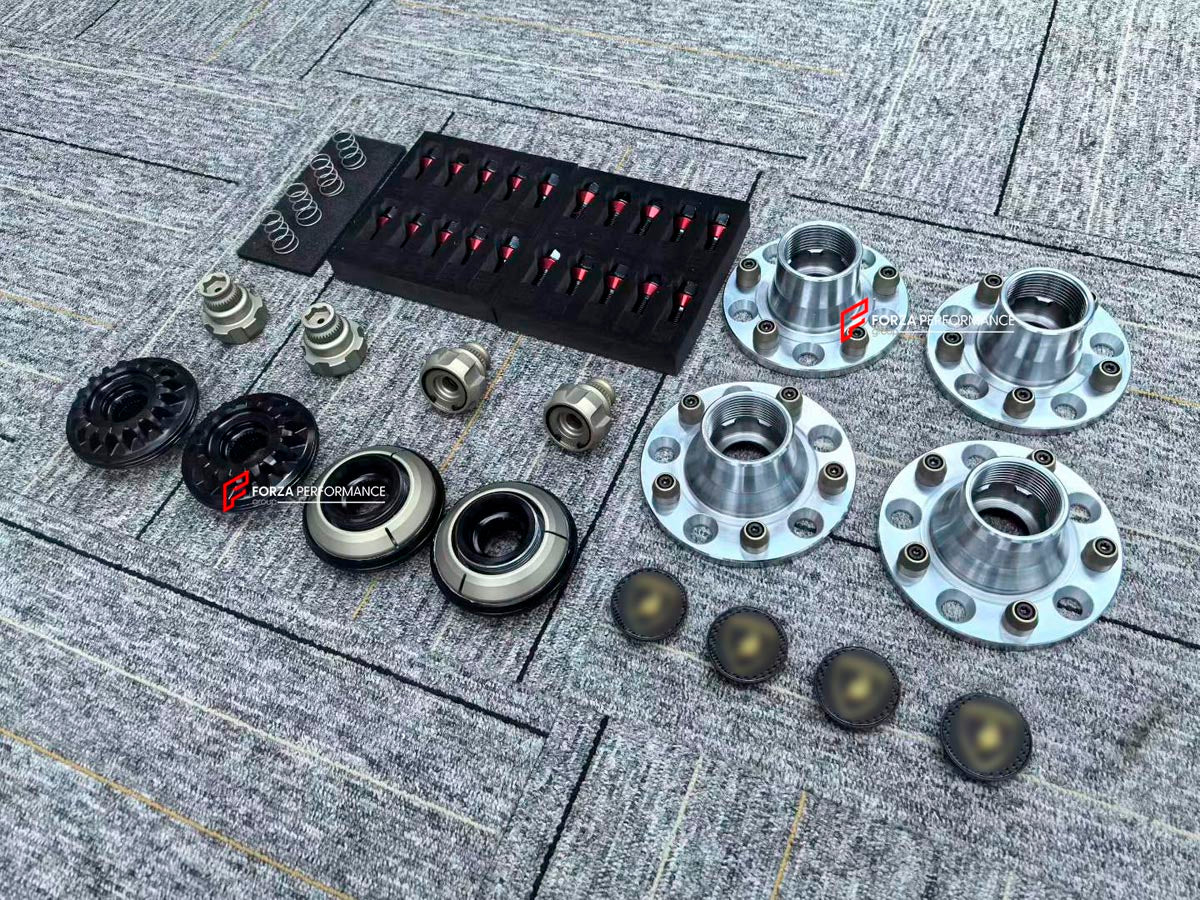 Lamborghini Huracan centerlock conversion kit, central lock conversion kit, center lock retrofit kit, centerlock adapter kit, wheel hub adapter package, STO SVJ style center lock, fits LP580-2 LP610-4 EVO Performante Tecnica, 5x112 57.1 mm front 66.5 mm rear, forged 7075-T6 aluminium