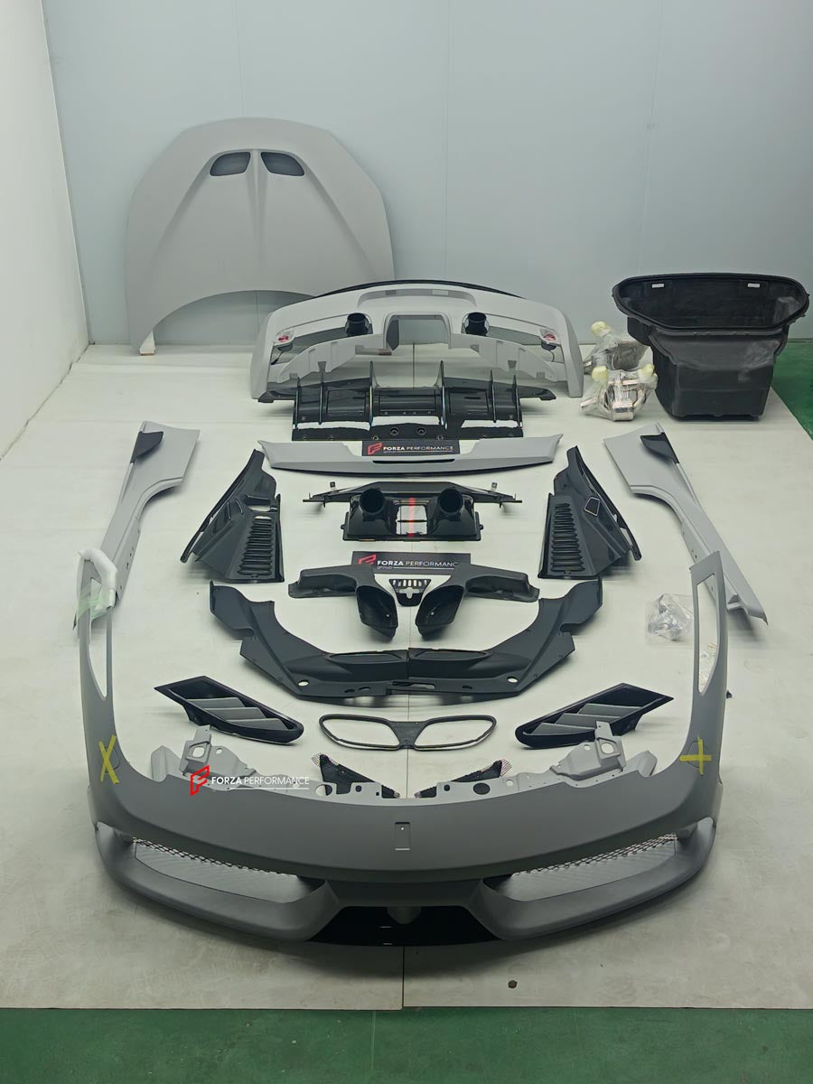 CONVERSION 458 SPECIALE DRY CARBON BODY KIT for FERRARI 458 SPIDER ITALIA 2009 - 2015 Forza Performance Custom fit
Set includes:

Front Bumper
Front Bumper Trims
Hood Bonnet
Side Skirts
Rear Trims
Rear Bumper
Rear Diffuser
Material: Dry Carbon

NOTE: Professional installation is required.