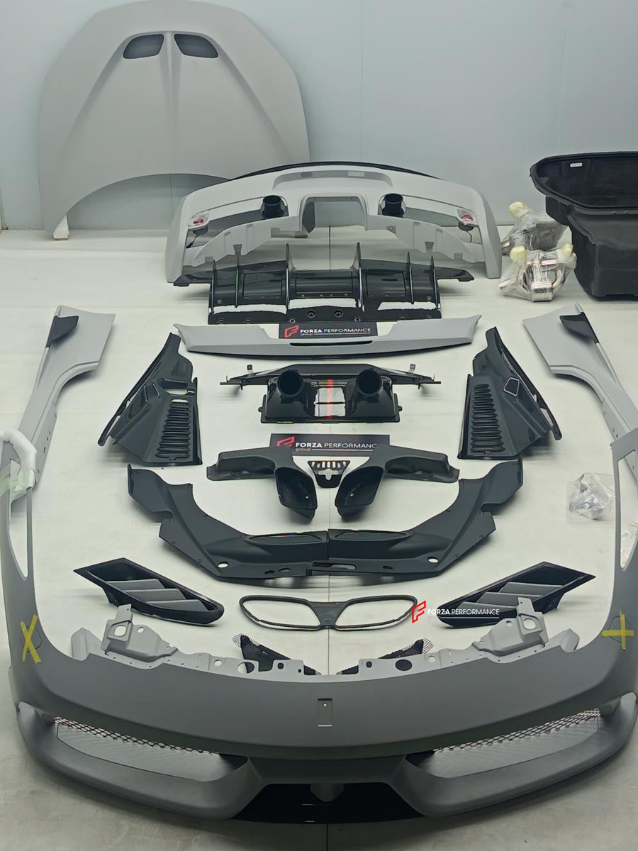 CONVERSION 458 SPECIALE DRY CARBON BODY KIT for FERRARI 458 SPIDER ITALIA 2009 - 2015 Forza Performance Custom fit
Set includes:

Front Bumper
Front Bumper Trims
Hood Bonnet
Side Skirts
Rear Trims
Rear Bumper
Rear Diffuser
Material: Dry Carbon

NOTE: Professional installation is required.