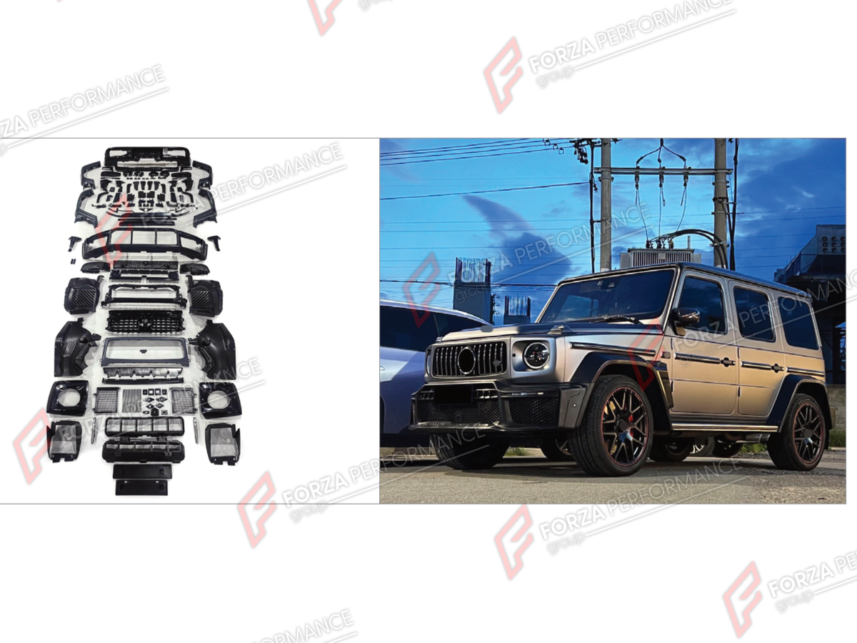 CONVERSION BODY KIT for MERCEDES-BENZ G-CLASS W465 G63 2025+ UPGRADE to G-CLASS W465 G63 G450D G500 G550 2025+ FORZA PERFORMANCE custom fit BA
Set includes:

Front Lip
Front Bumper Assembly
Front Grille
License Plate
Front Fender Flares
Rear Fender Flares
Rear Diffuser
Rear Bumper Assembly
Material: Plastic

NOTE: Professional installation is required.