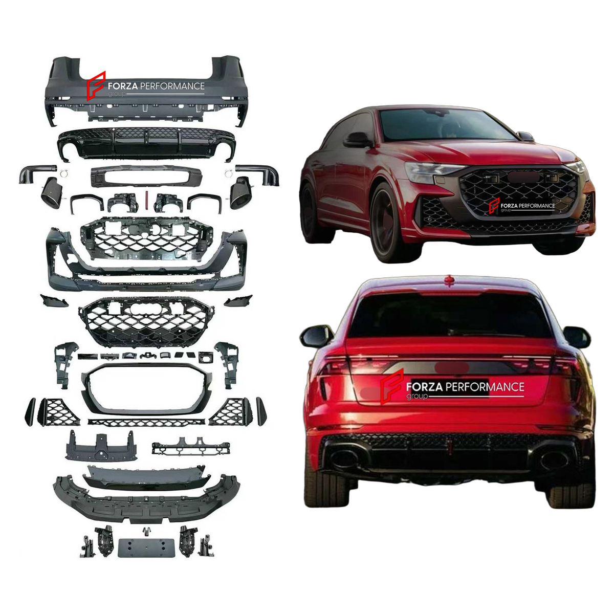 CONVERSION BODY KIT for AUDI Q8 4M 2018 - 2023 UPGRADE to RS Q8 4M FACELIFT 2024+ FORZA PERFORMANCE custom fit RS Q8 Style

Set includes:
Front Bumper Assembly
Front Grille
Rear Bumper Assembly
Rear Diffuser
Exhaust Tips

Material: Plastic

NOTE: Professional installation is required.