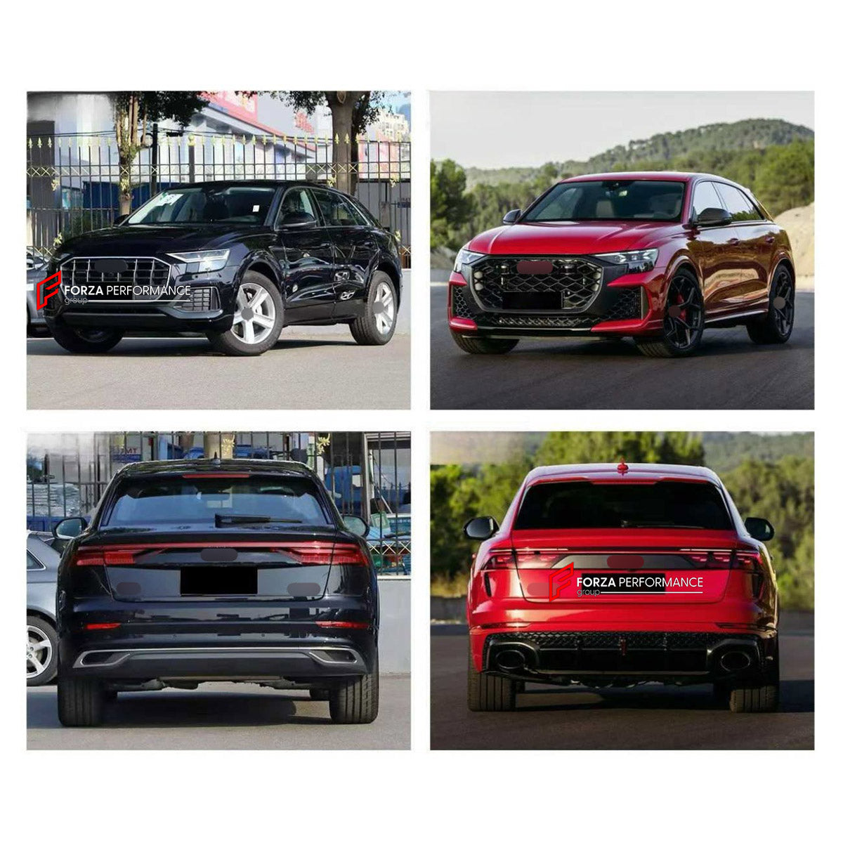 CONVERSION BODY KIT for AUDI Q8 4M 2018 - 2023 UPGRADE to RS Q8 4M FACELIFT 2024+ FORZA PERFORMANCE custom fit RS Q8 Style

Set includes:
Front Bumper Assembly
Front Grille
Rear Bumper Assembly
Rear Diffuser
Exhaust Tips

Material: Plastic

NOTE: Professional installation is required.