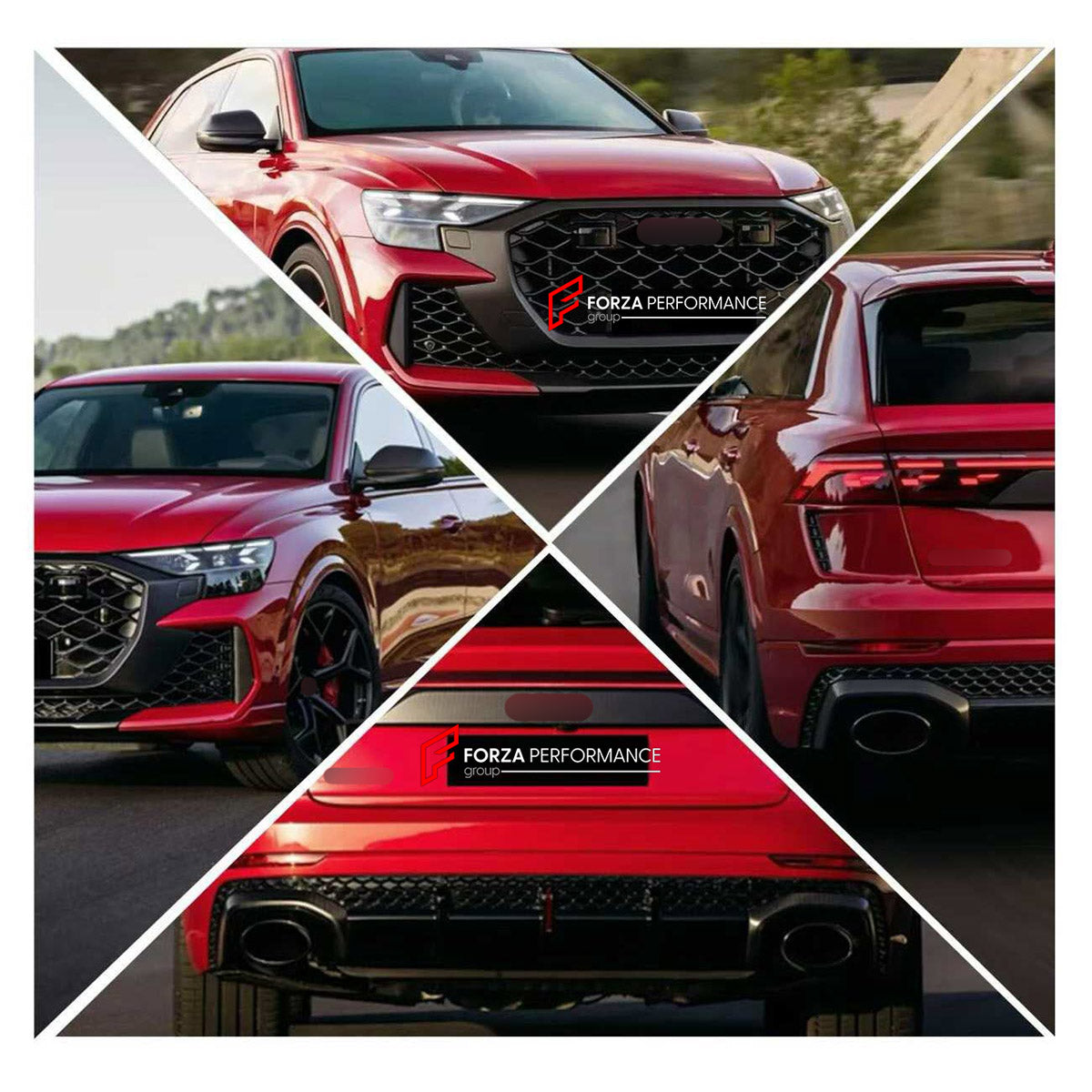 CONVERSION BODY KIT for AUDI Q8 4M 2018 - 2023 UPGRADE to RS Q8 4M FACELIFT 2024+ FORZA PERFORMANCE custom fit RS Q8 Style

Set includes:
Front Bumper Assembly
Front Grille
Rear Bumper Assembly
Rear Diffuser
Exhaust Tips

Material: Plastic

NOTE: Professional installation is required.