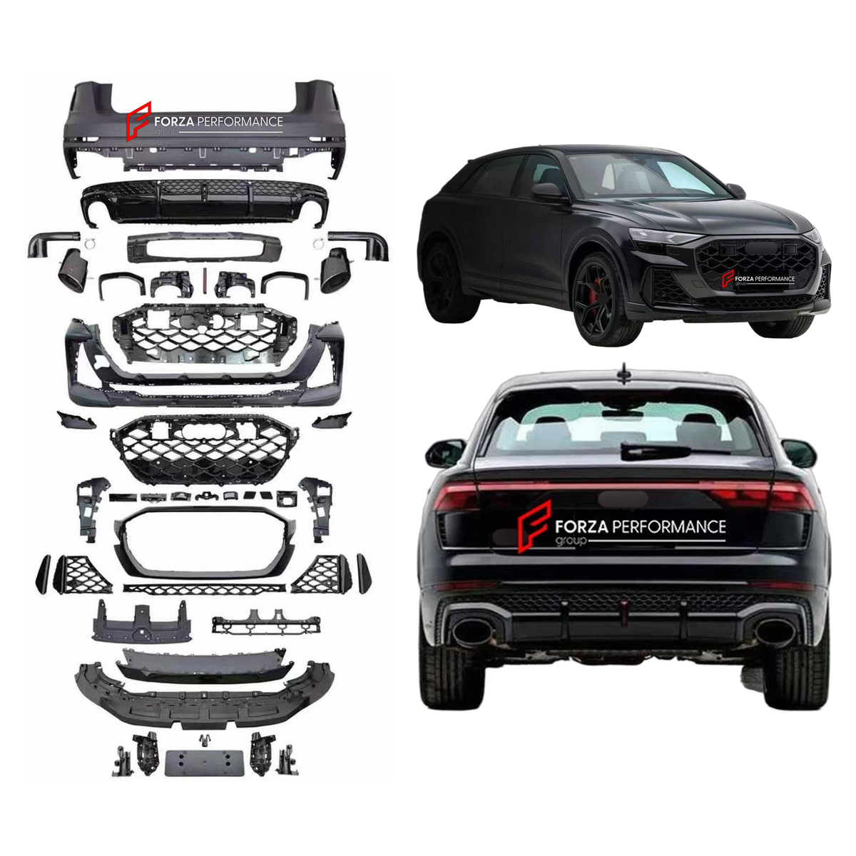 CONVERSION BODY KIT for AUDI Q8 4M FACELIFT 2023+ UPGRADE to RS Q8 4M FACELIFT 2024+ FORZA PERFORMANCE custom fit RS Q8 Style

Set includes:
Front Bumper Assembly
Front Grille
Rear Bumper Assembly
Rear Diffuser
Exhaust Tips

Material: Plastic

NOTE: Professional installation is required.