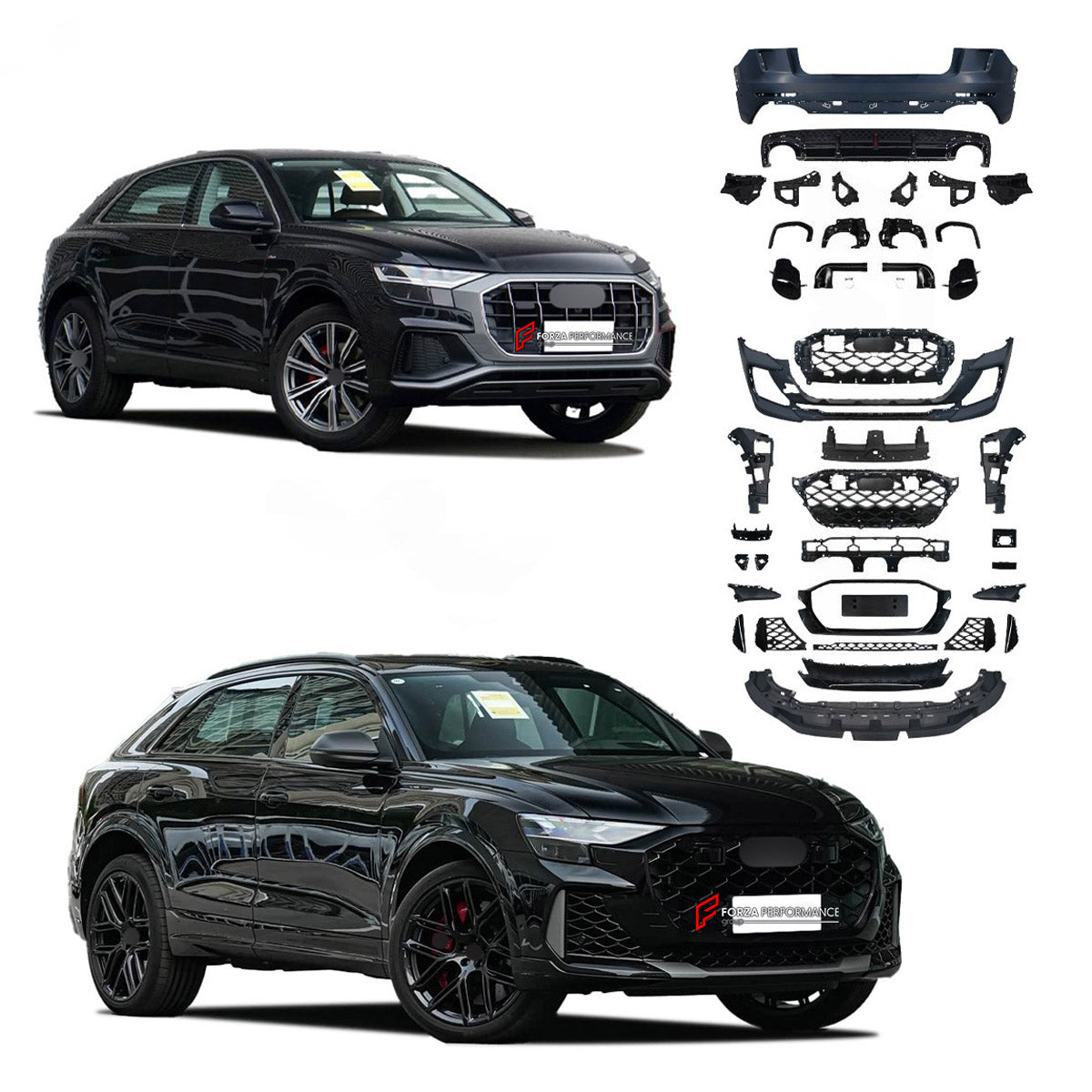 CONVERSION BODY KIT for AUDI Q8 4M FACELIFT 2024+ UPGRADE to AUDI RSQ8 4M FACELIFT 2024+

Set includes:

Front Bumper Assembly
Rear Bumper Assembly
Exhaust Tips
Material: Plastic

Note: Professional installation is required.