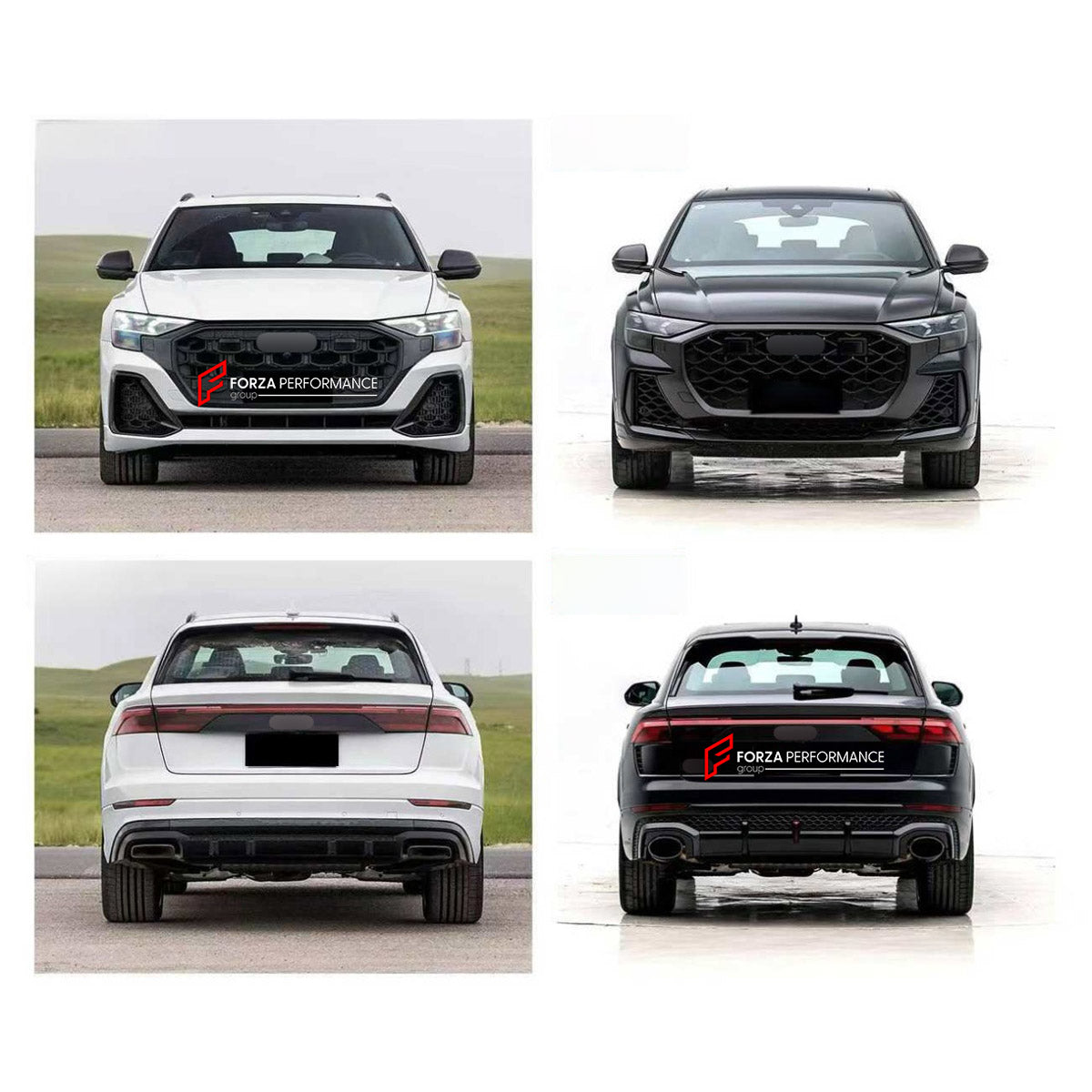 CONVERSION BODY KIT for AUDI Q8 4M FACELIFT 2023+ UPGRADE to RS Q8 4M FACELIFT 2024+ FORZA PERFORMANCE custom fit RS Q8 Style

Set includes:
Front Bumper Assembly
Front Grille
Rear Bumper Assembly
Rear Diffuser
Exhaust Tips

Material: Plastic

NOTE: Professional installation is required.