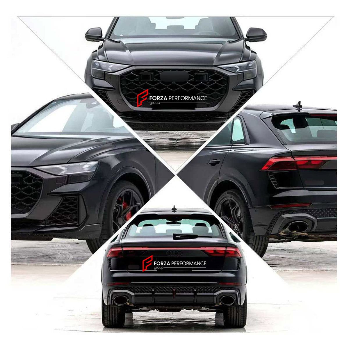 CONVERSION BODY KIT for AUDI Q8 4M FACELIFT 2023+ UPGRADE to RS Q8 4M FACELIFT 2024+ FORZA PERFORMANCE custom fit RS Q8 Style

Set includes:
Front Bumper Assembly
Front Grille
Rear Bumper Assembly
Rear Diffuser
Exhaust Tips

Material: Plastic

NOTE: Professional installation is required.