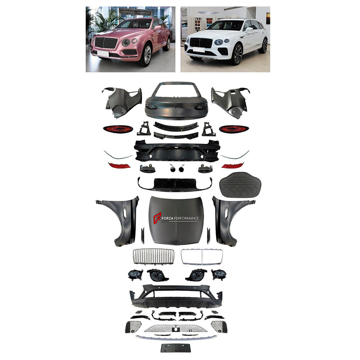 CONVERSION UPGRADE FACELIFT OLD TO NEW BODY KIT for Bentley Bentayga 2016 - 2020 to Bentayga 2024+
Set includes:

Front Bumper Assembly
Front Grille
License Plate
Hood Bonnet
Front Fenders
Rear Fenders
Roof Spoiler
Ducktail Spoiler
Rear Bumper Assembly
Rear Diffuser
Material: Plastic

NOTE: Professional installation is required.